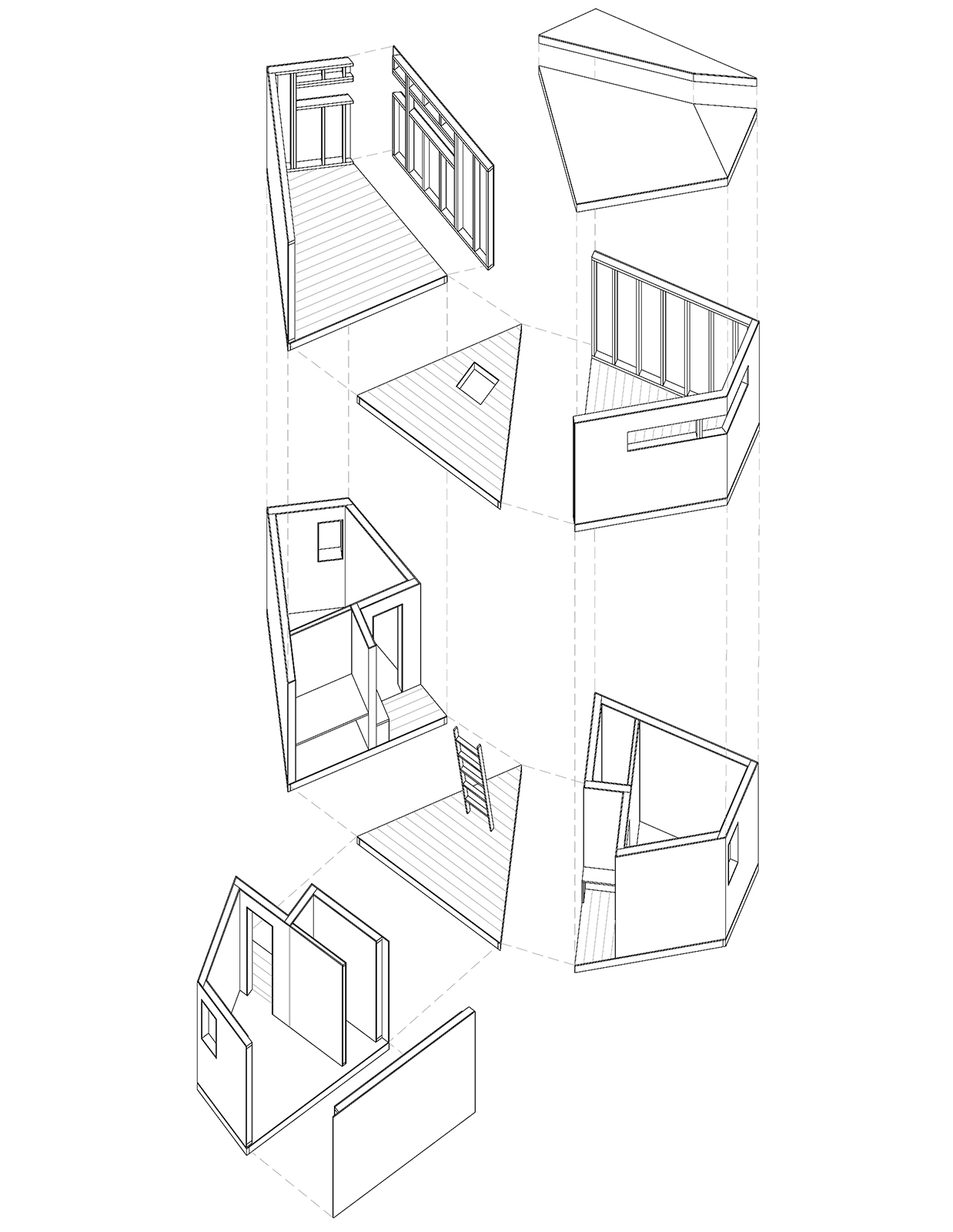 Centre ornithologique pour la lagune de Venise - Axonométrie éclatée d’un pavillon d’observation modulaire en ossature bois