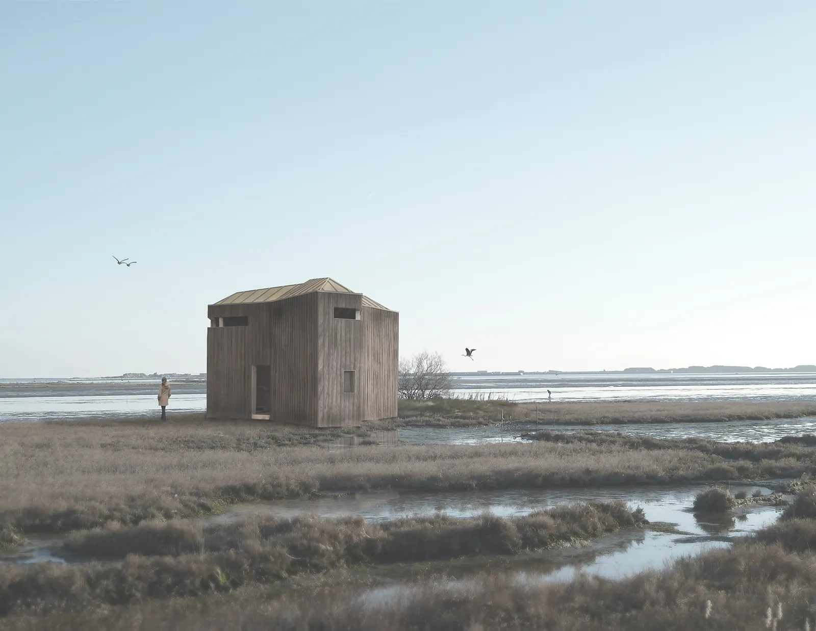 Centre ornithologique pour la lagune de Venise - Vue d’un pavillon d’observation modulaire sur une barène de la lagune