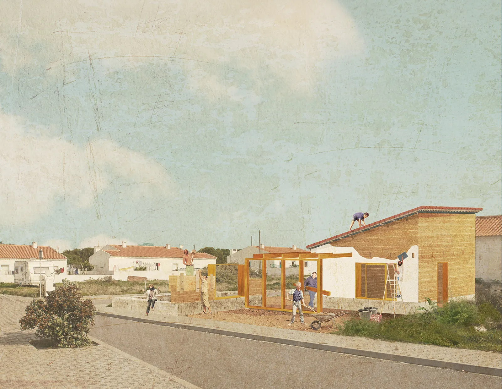 Ecooperative à Azenha do Mar - Vue d’un chantier de maison en autoconstruction utilisant les ressources locales