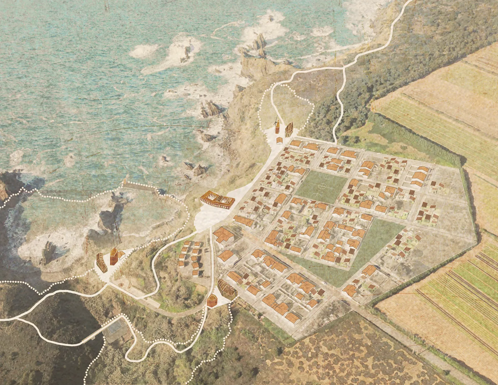 Ecooperative à Azenha do Mar - Vue générale prospective du village, du sentier touristique et des interventions