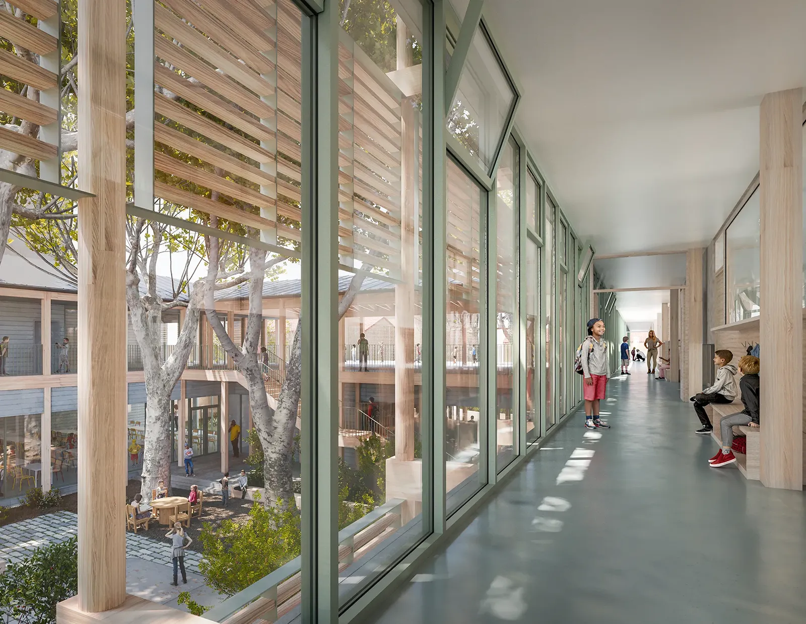 Circulation en façade Sud bioclimatique ossature bois de l’école Sainte Cécile à Marseille