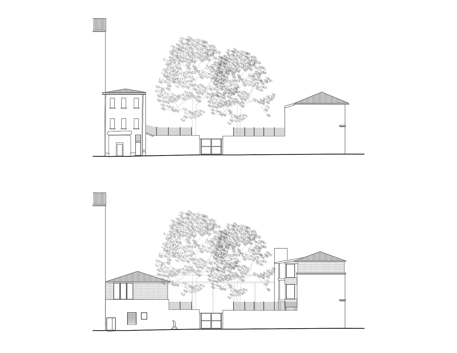 Elevation Est sur rue de l’école Sainte-Cécile avant et après surélévation et extension ossature bois