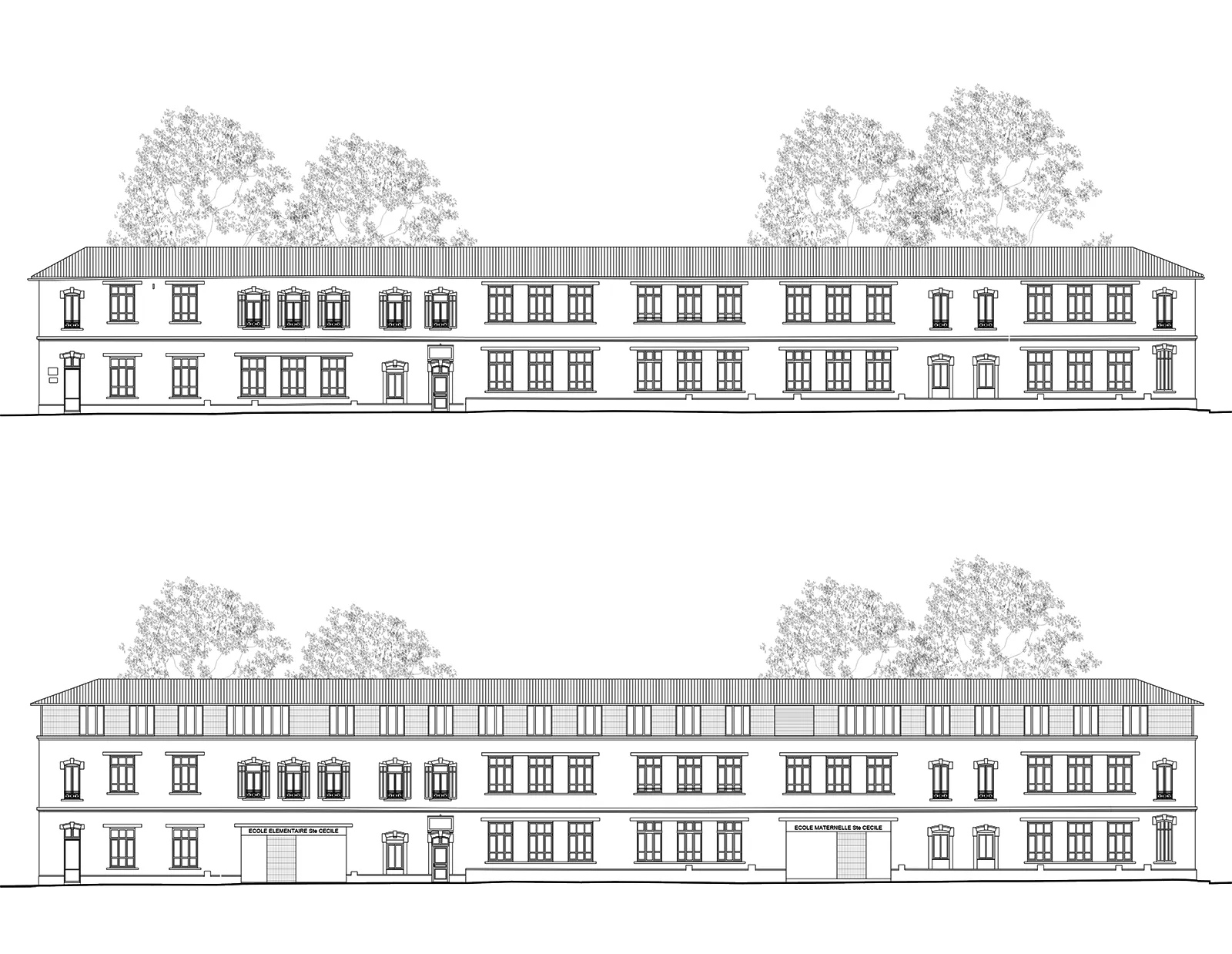 Elévation Nord sur rue de l’école Sainte Cécile avant et après surélévation