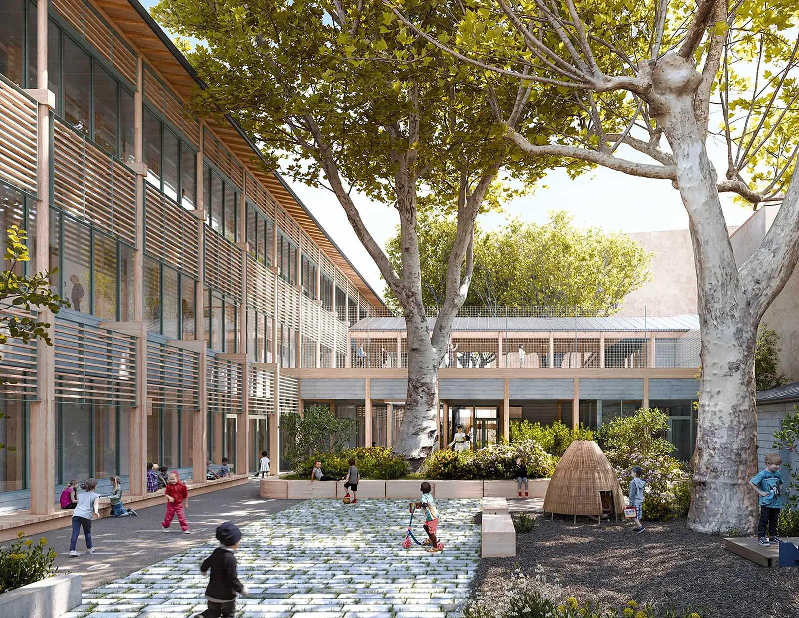 Vue de la cour maternelle végétalisée et désimperméabilisée de l’école Sainte Cécile à Marseille