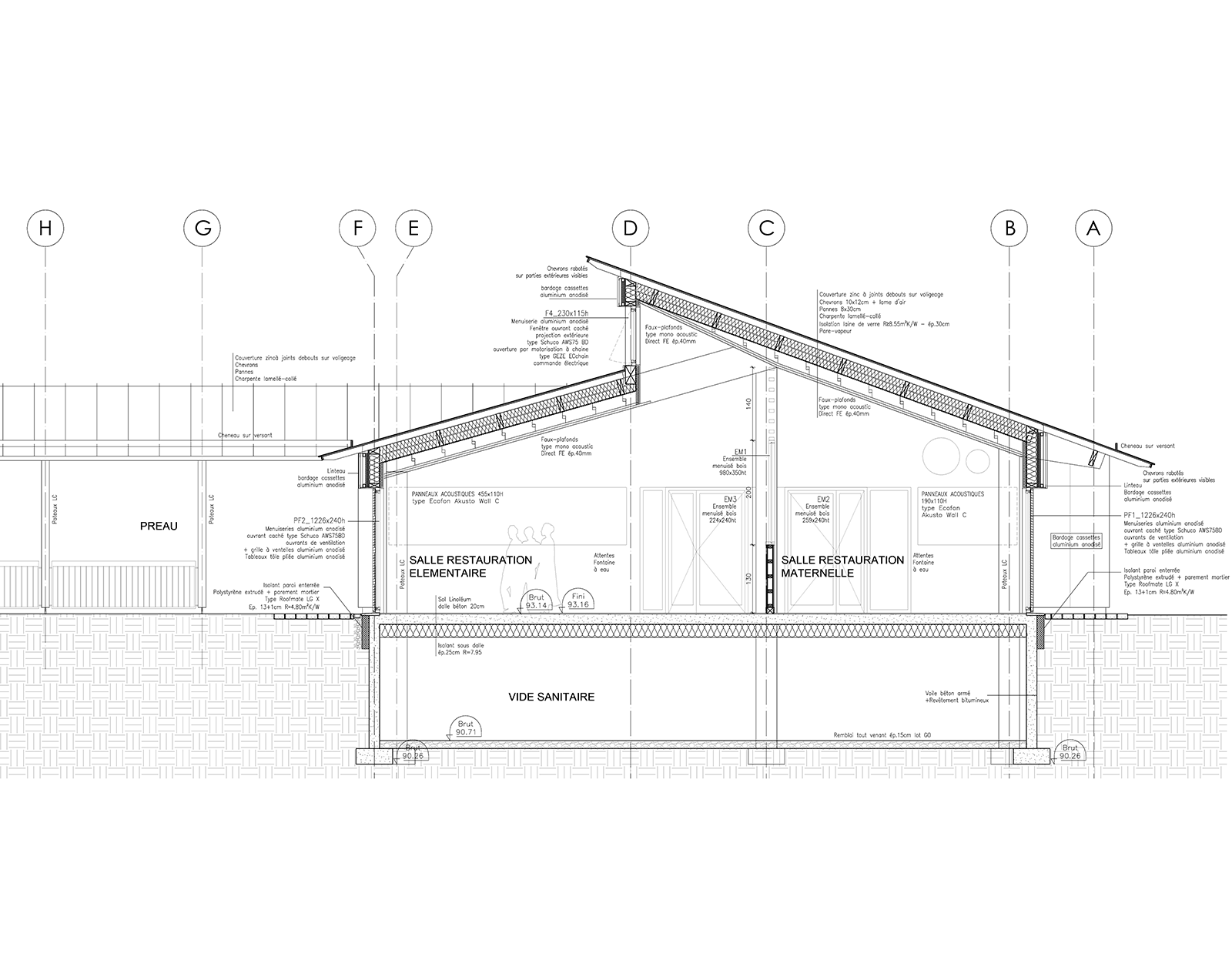 Coupe détail de la construction neuve de la restauration du groupe scolaire Barthou à Reims