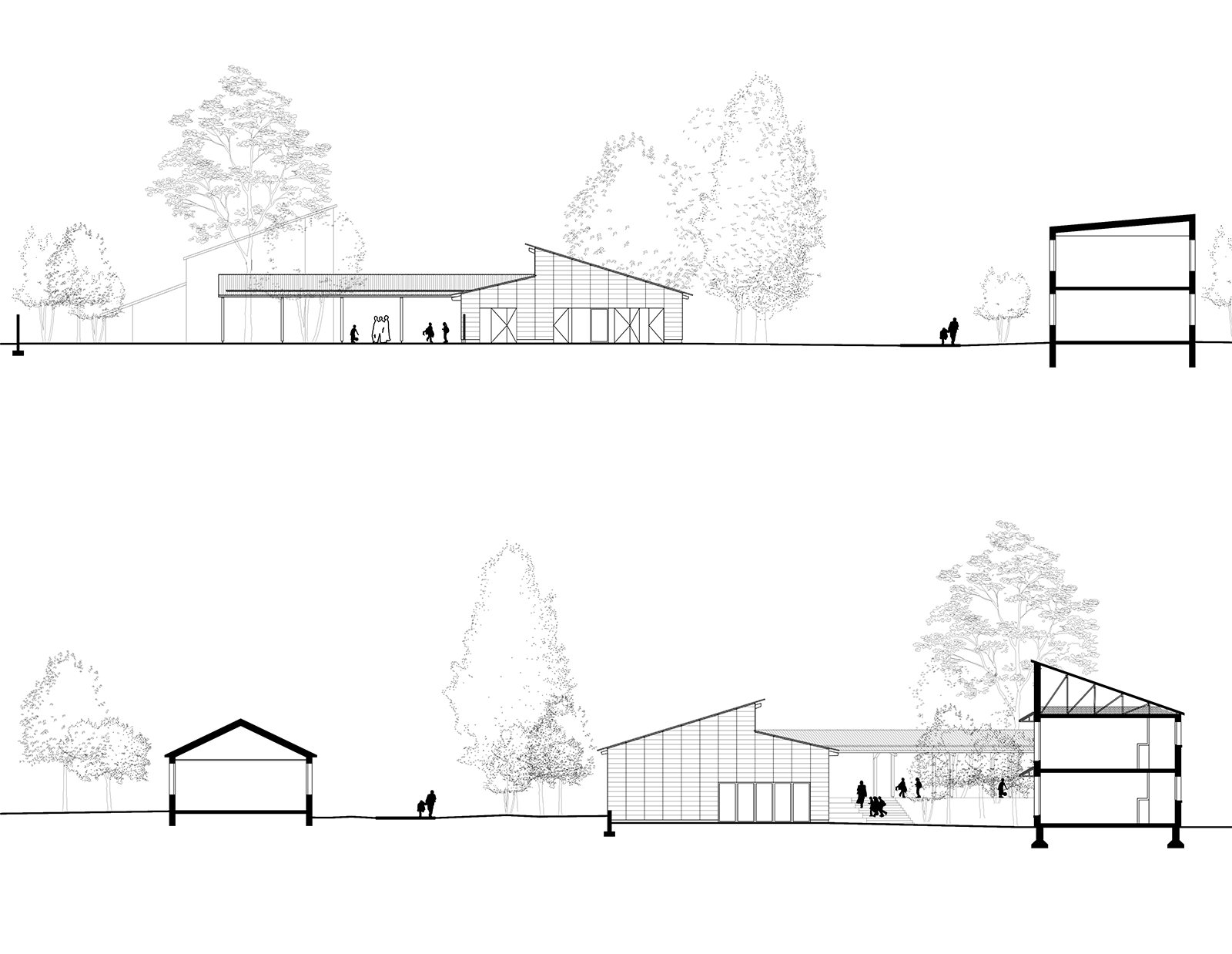 Elévations latérales du pôle commun en construction neuve du groupe scolaire Barthou à Reims