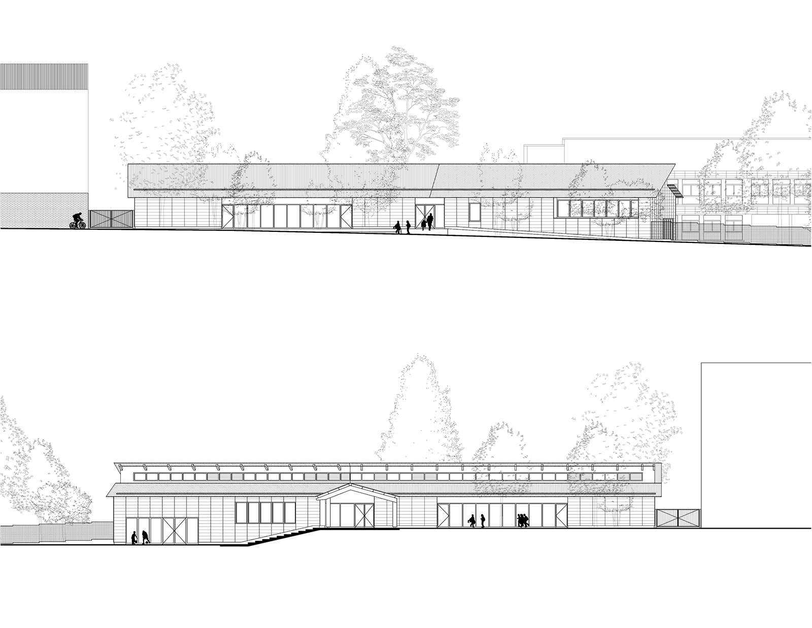 Elévations longitudinales du pôle commun en construction neuve du groupe scolaire Barthou à Reims