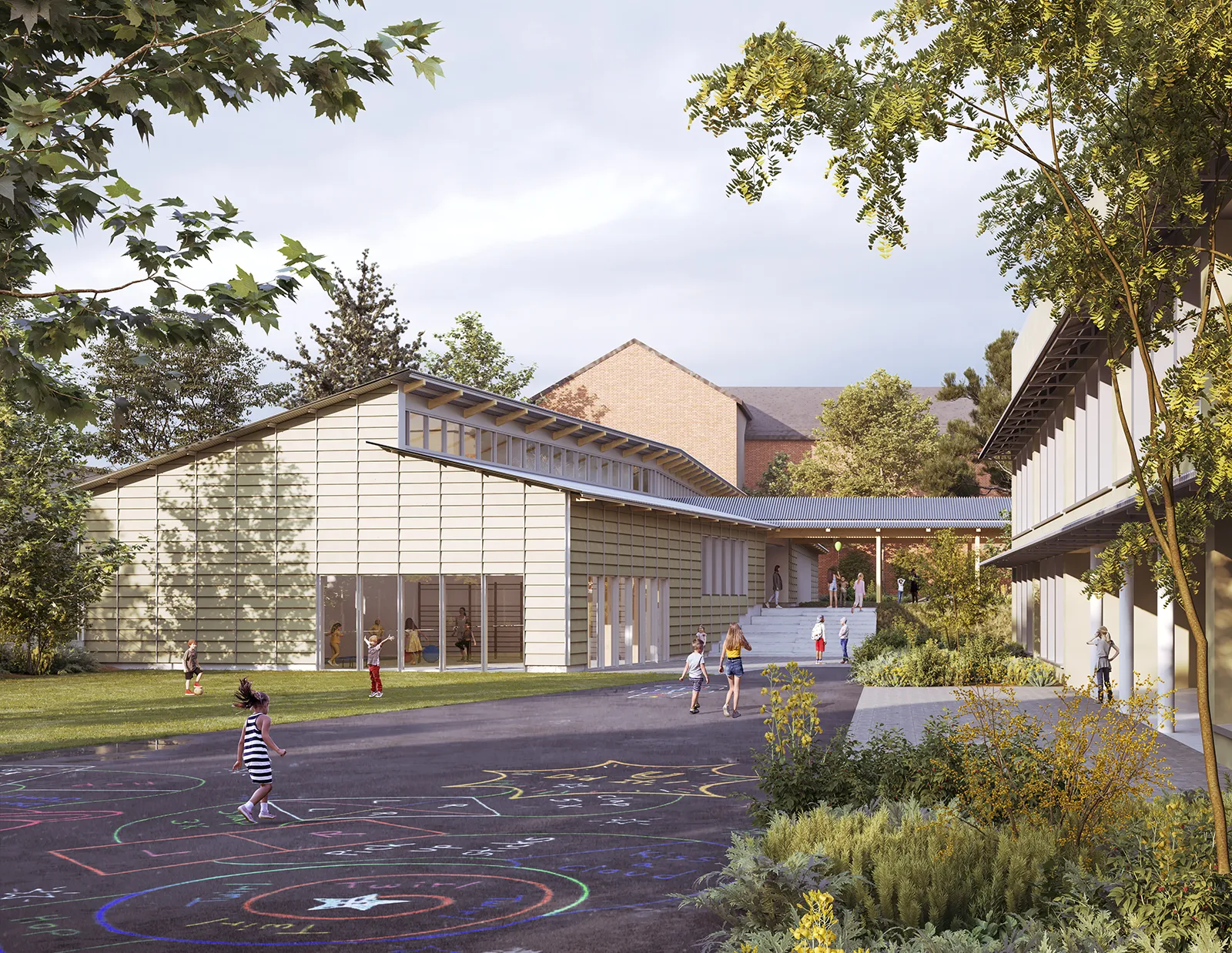 Vue de l’extension du groupe scolaire Barthou à Reims depuis la cour élémentaire végétalisée