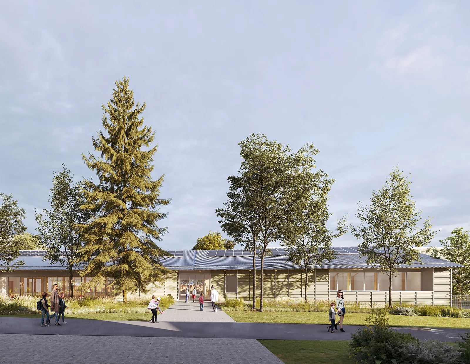 Vue de l’extension du groupe scolaire Barthou à Reims depuis l’allée centrale