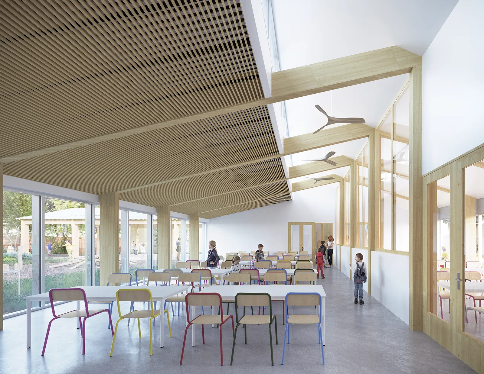 Vue de la salle de restauration du groupe scolaire Barthou à Reims