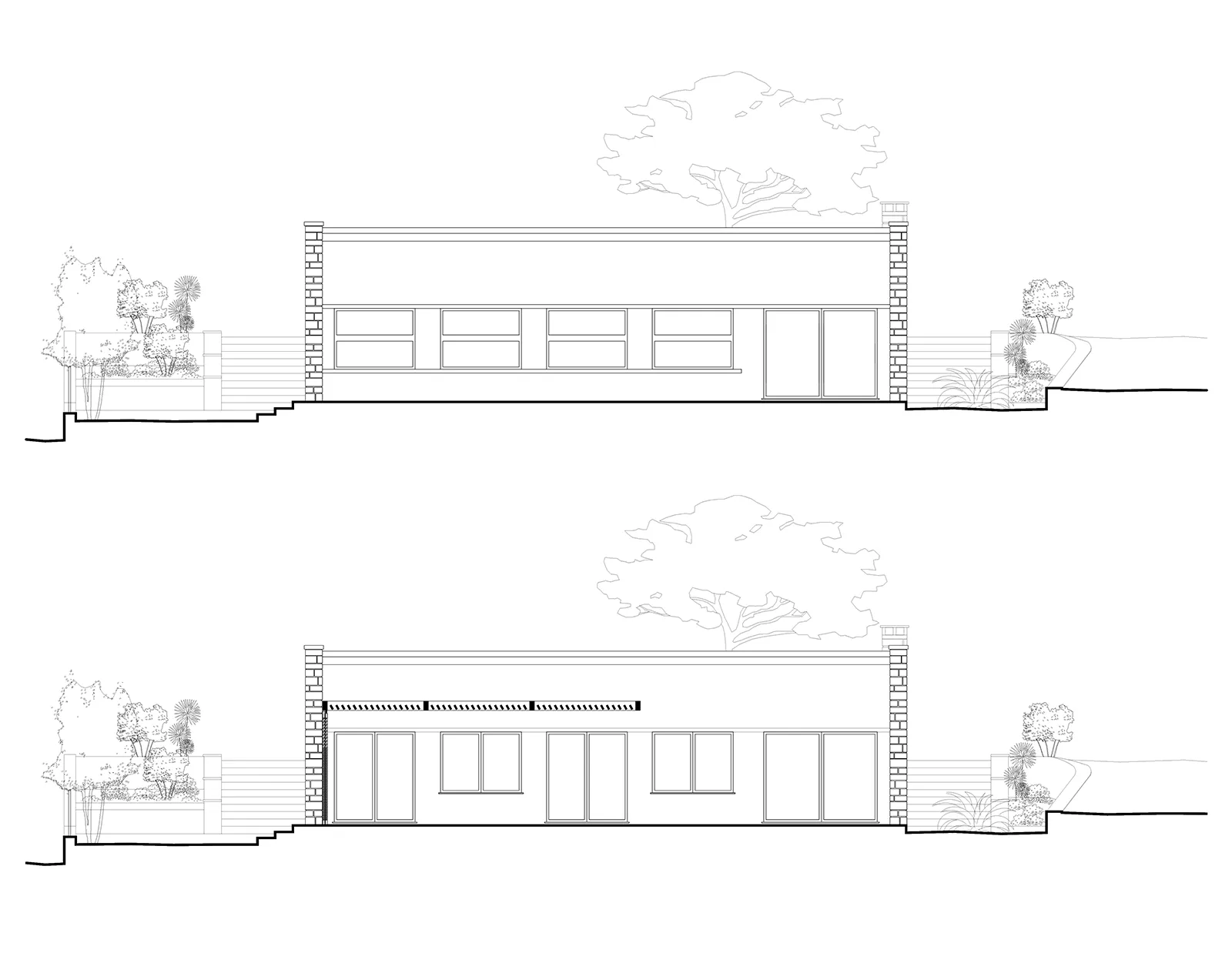 Elévations Ouest de la maison à Saint-Cyr-sur-Mer avant et après intervention : agrandissement des baies et création d’une pergola et d’un paravent