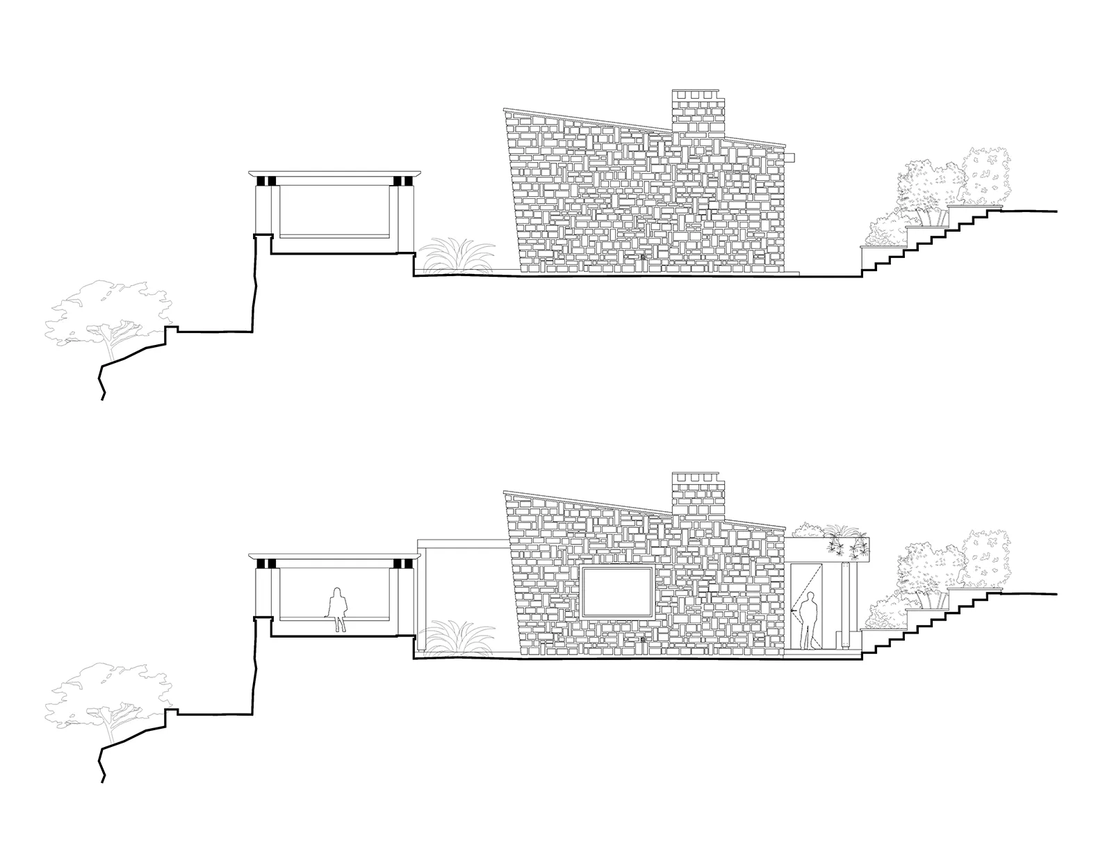 Elévations Sud de la maison à Saint-Cyr-sur-Mer avant et après intervention : Création d’une entrée couverte et percement d’une nouvelle fenêtre au Sud