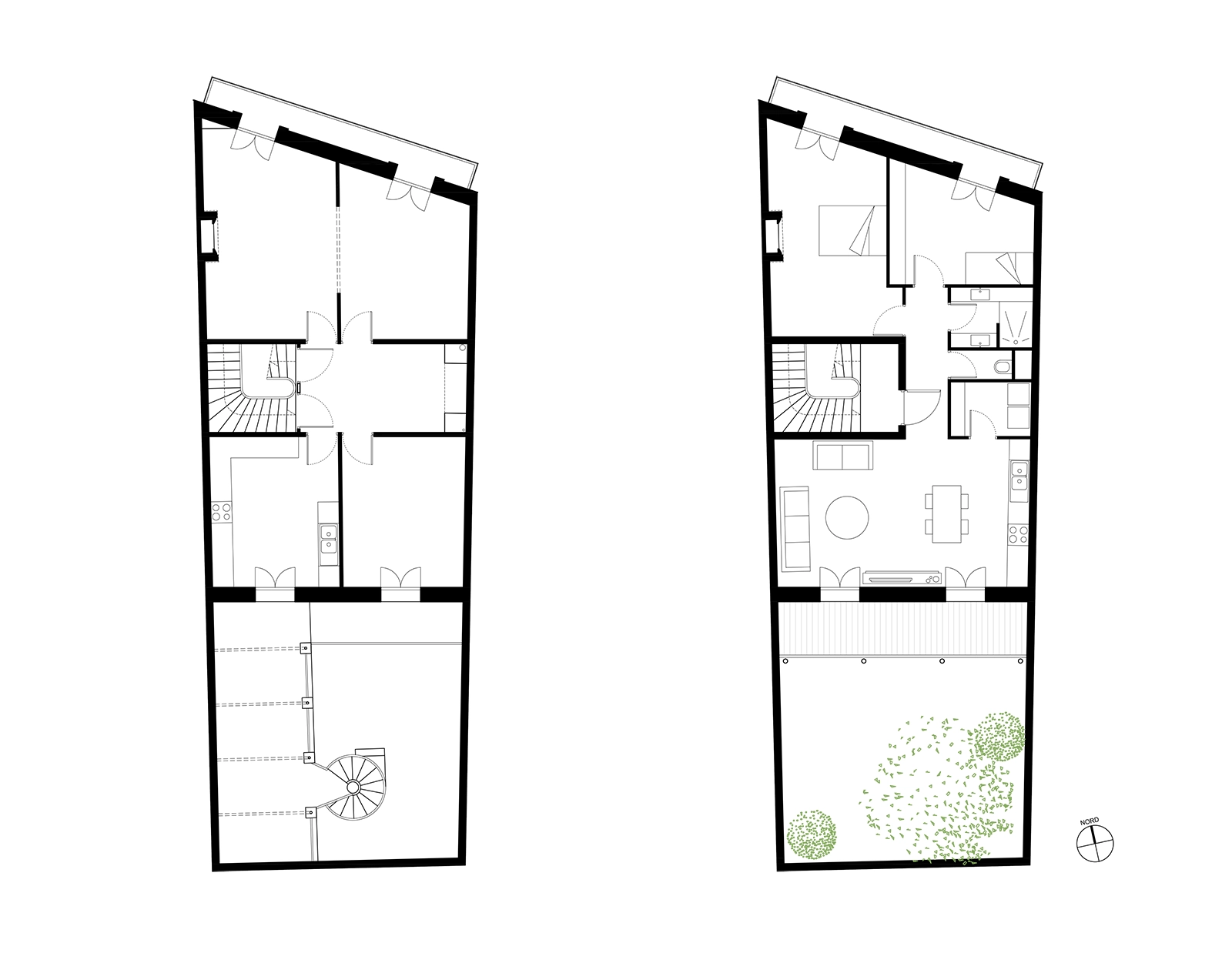Plans du premier étage de l’immeuble à Villeneuve-lès-Béziers : création d’un appartement T3 traversant