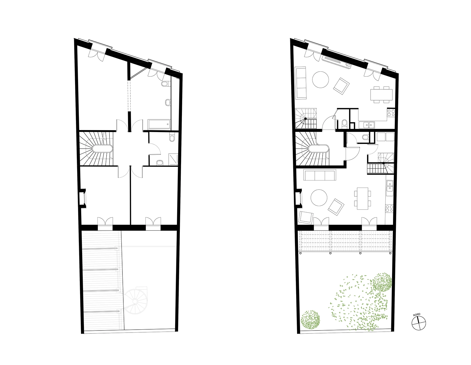 Plans du deuxième étage de l’immeuble à Villeneuve-lès-Béziers : création de deux appartements T3 duplex