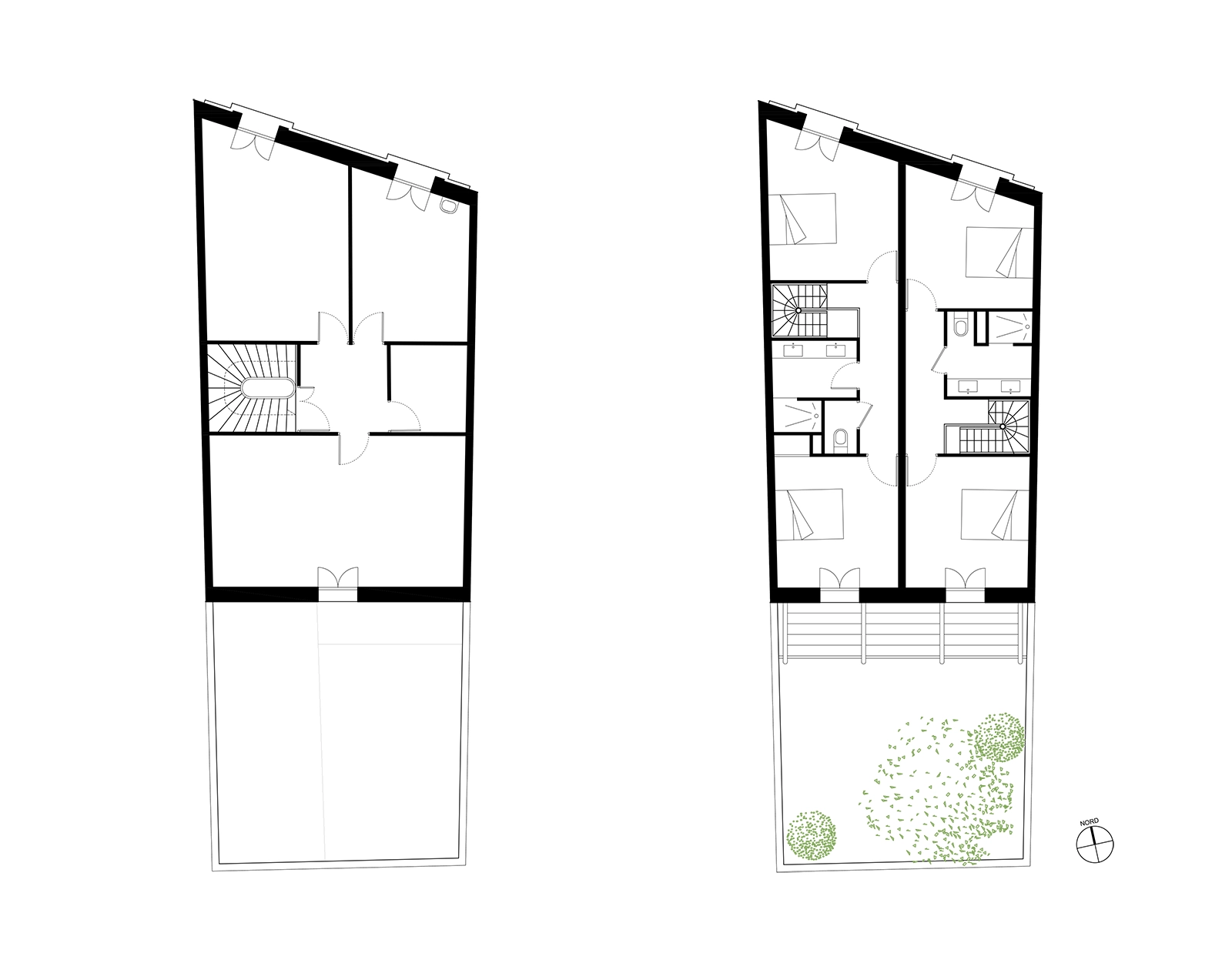 Plans du troisième étage de l’immeuble à Villeneuve-lès-Béziers : création de deux appartements T3 duplex