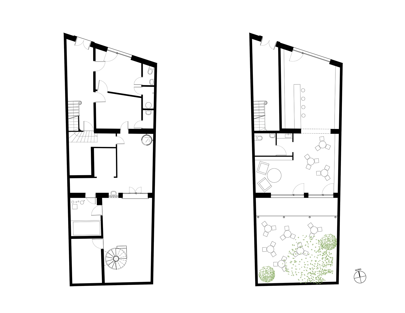 Plans de rez-chaussée de l’immeuble à Villeneuve-lès-Béziers : création d’un local commercial et végétalisation de la cour