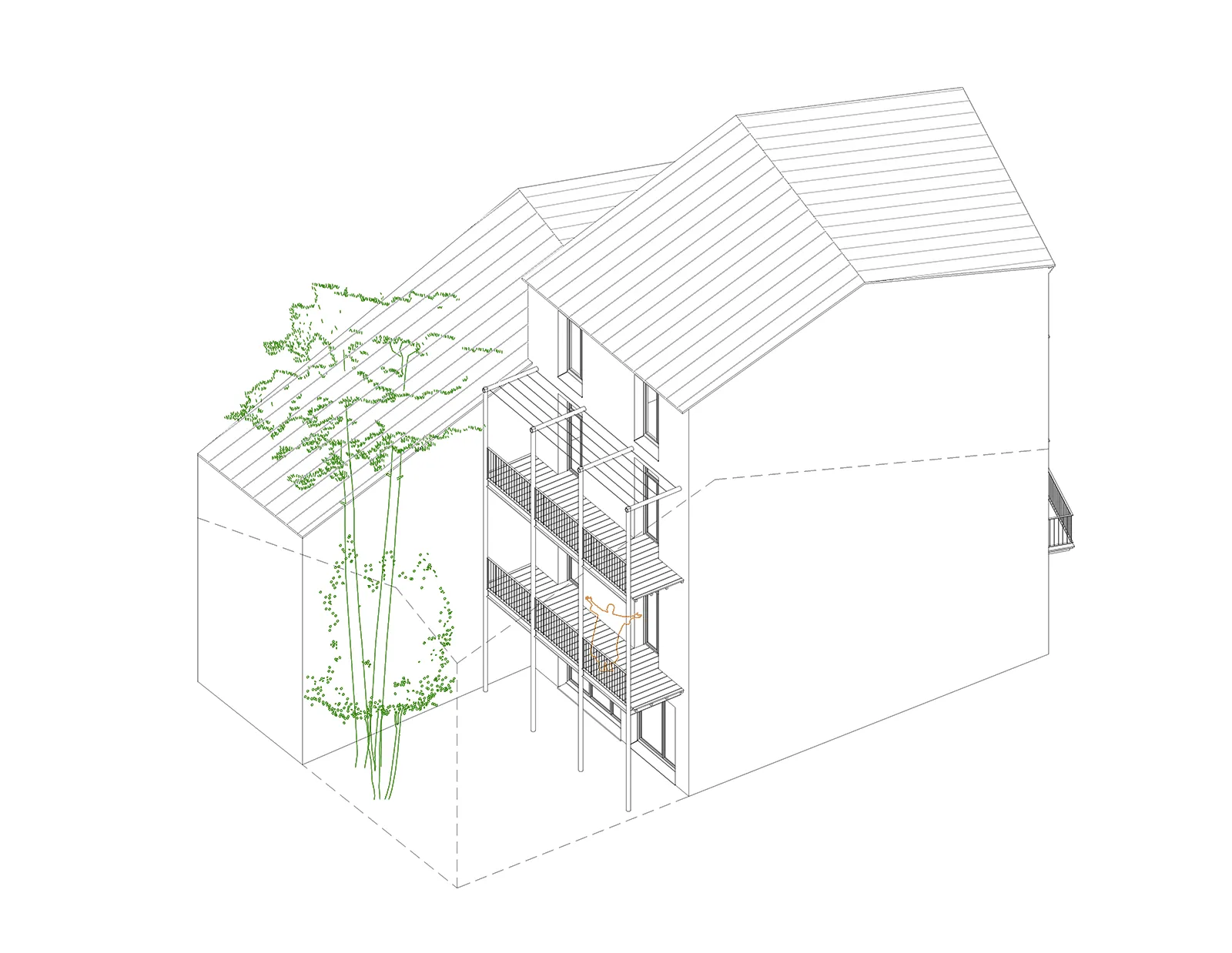 Axonométrie de la cour après intervention : végétalisation de la cour et création de balcons au Sud