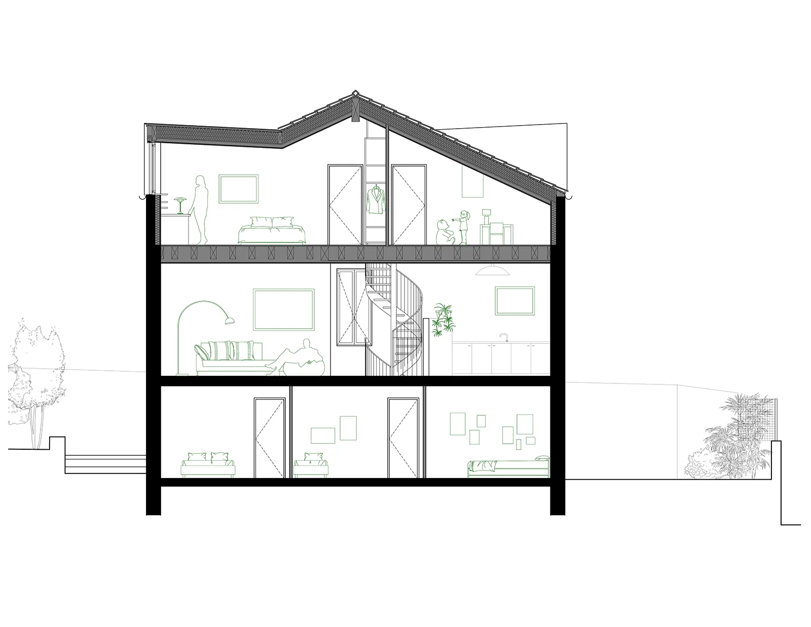 Coupe longitudinale de la maison à Mourepiane : chambre d’enfant et chambre parentale
