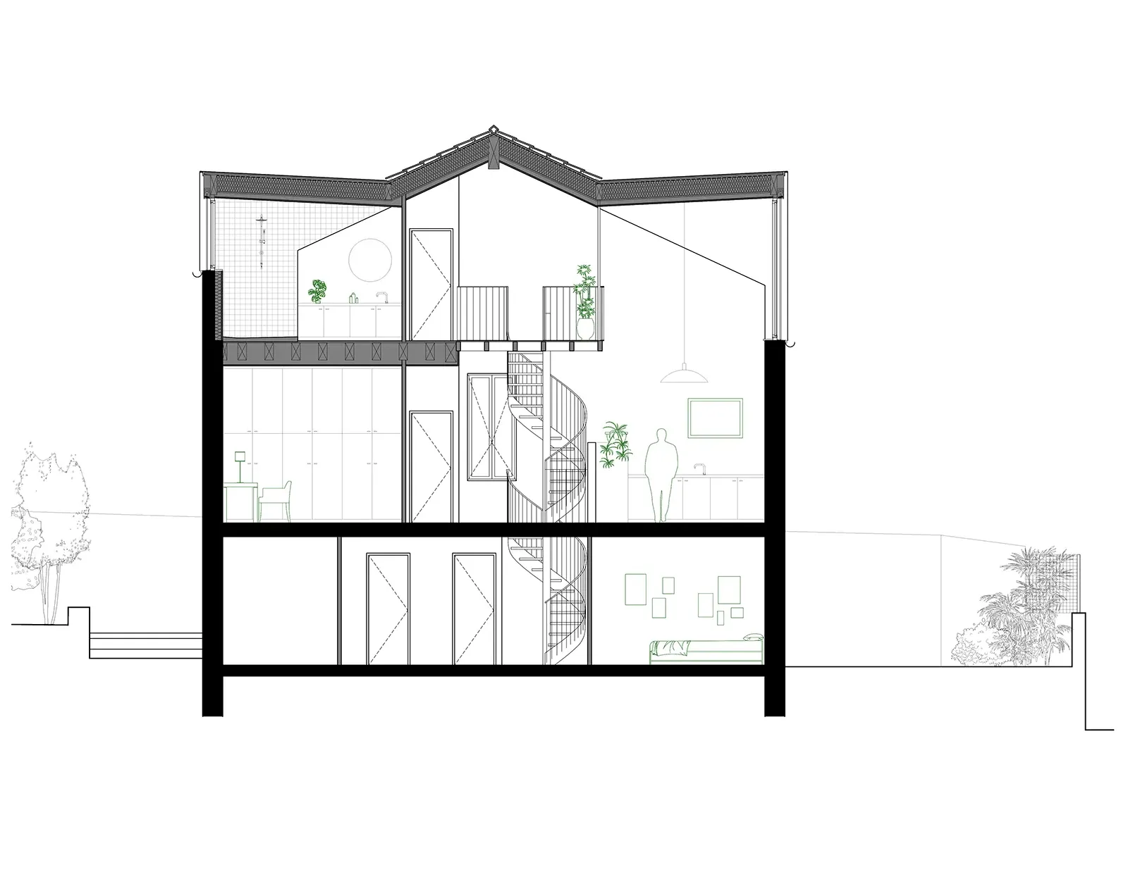 Coupe longitudinale de la maison à Mourepiane : salle d’eau et vide sur cuisine