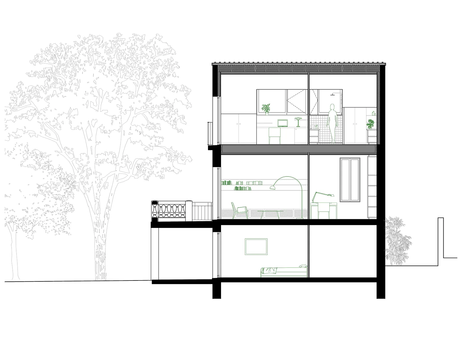 Coupe transversale de la maison à Mourepiane : salle d’eau et chambre parentale