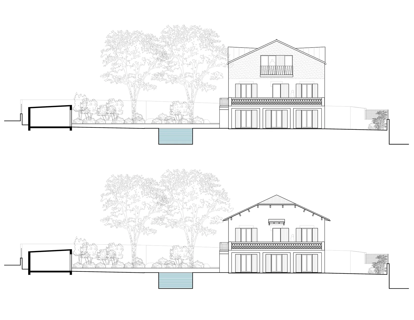 Elevations Sud de la maison à Mourepiane avant et après surélévation