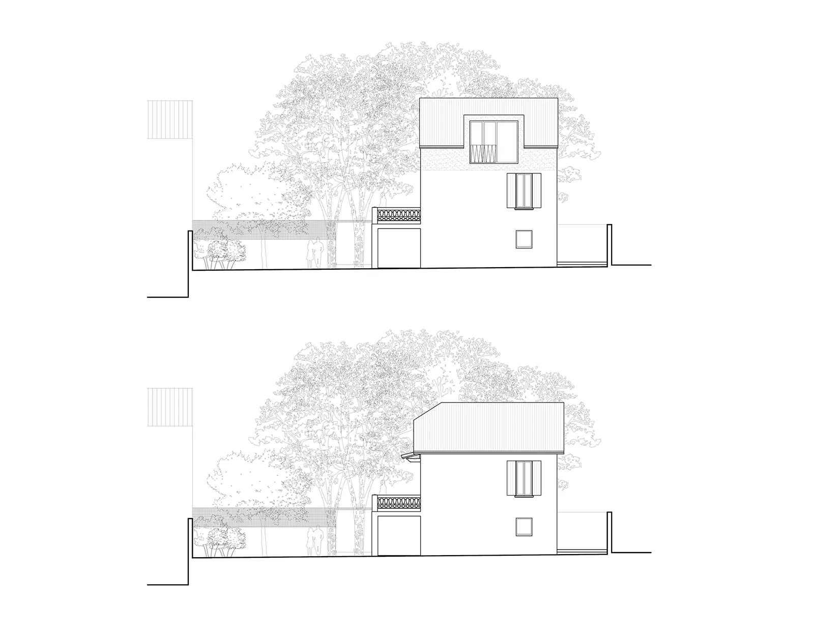 Elevations Est de la maison à Mourepiane avant et après surélévation